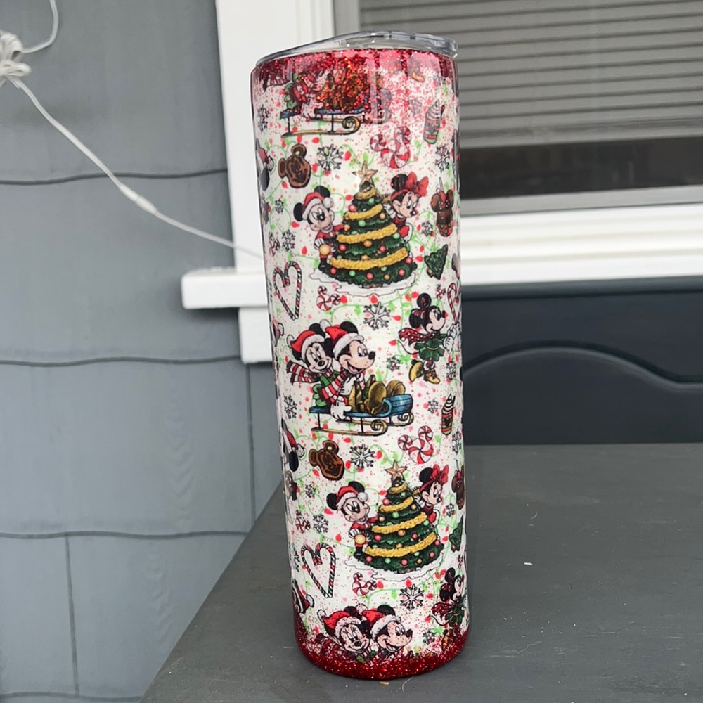 Mickey and Minnie holiday Christmas tall boy treat cup Disney fabric w/ glitter